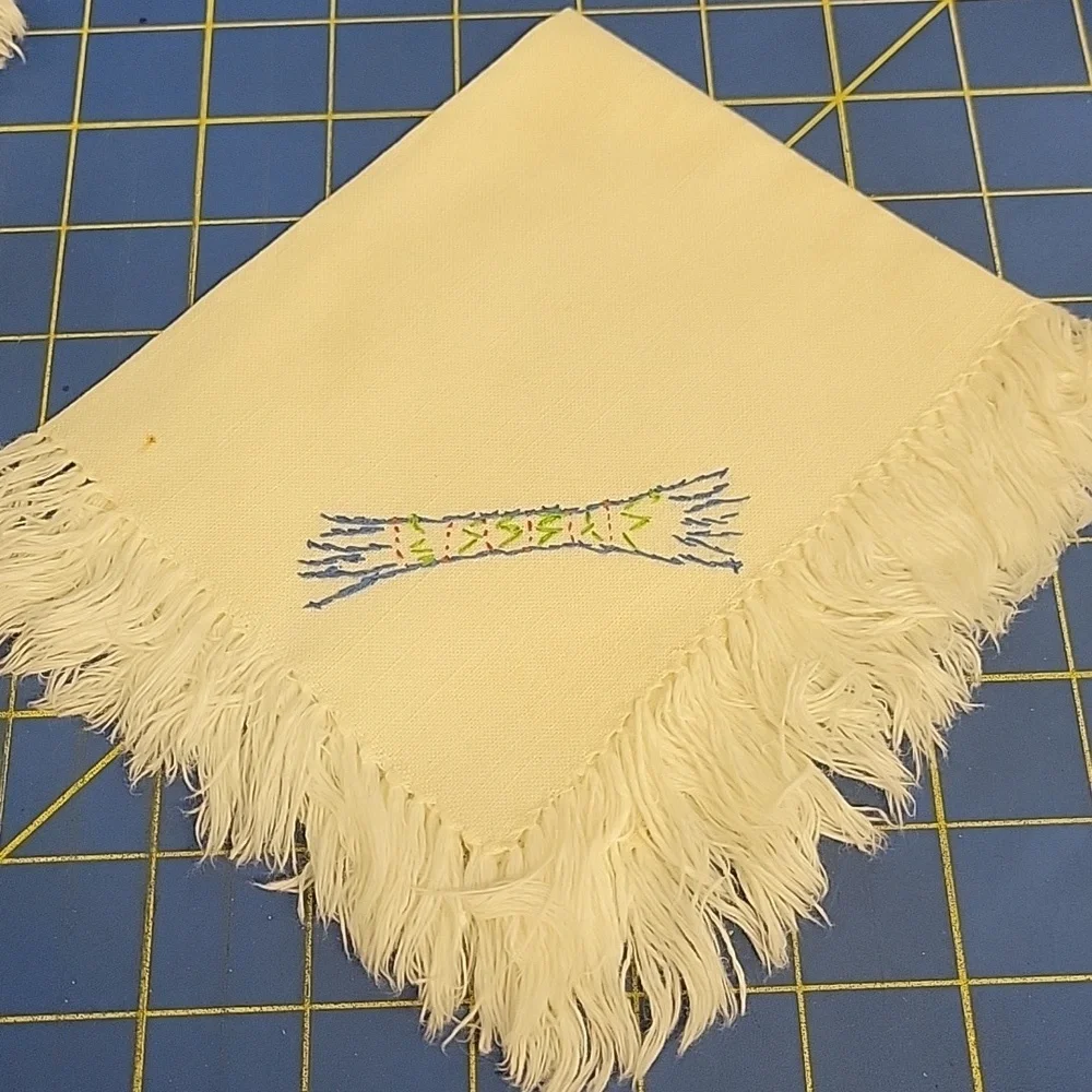 Vintage Handmade Embroidered Fringe Table Set Of 7 Napkins 11